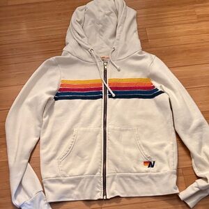 Aviator Nation Off White Hoodie with Colorful Stripes